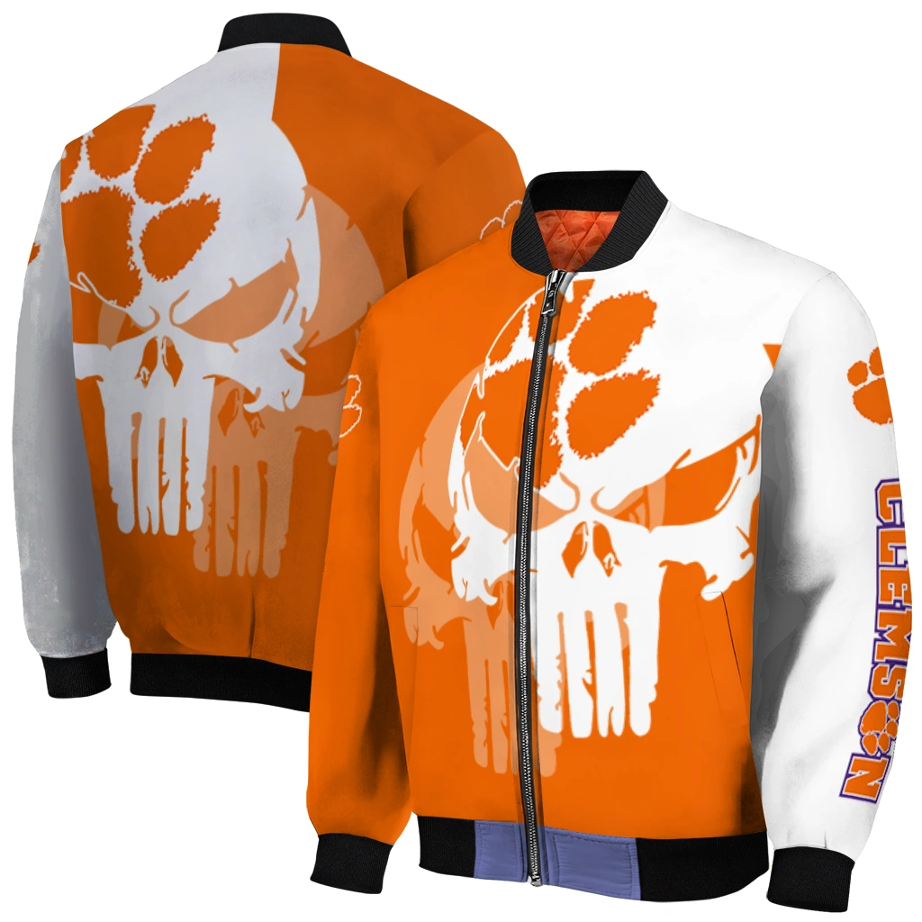 clemson tigers skull outline orange white bomber jacket best selling clemson tigers skull outline orange white bomber jacket best selling