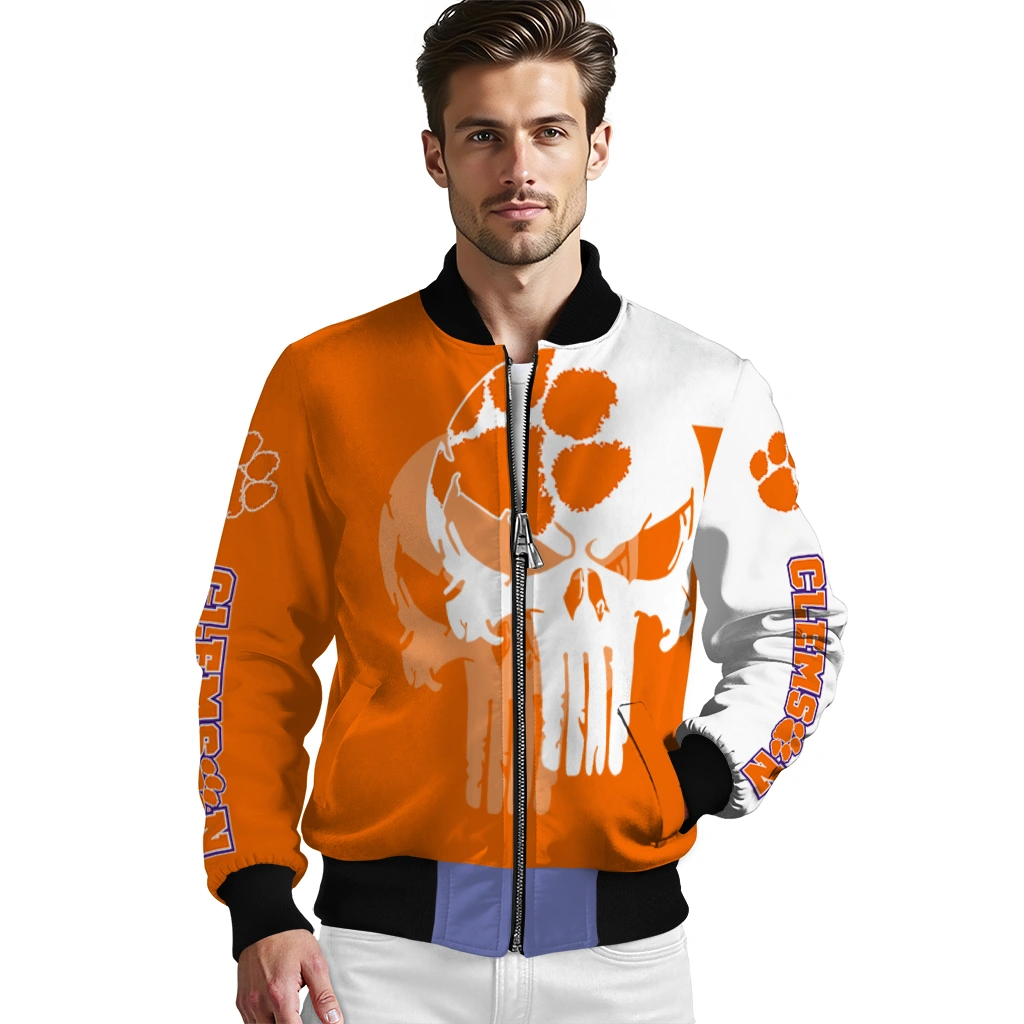 clemson tigers skull outline orange white bomber jacket high quality clemson tigers skull outline orange white bomber jacket high quality