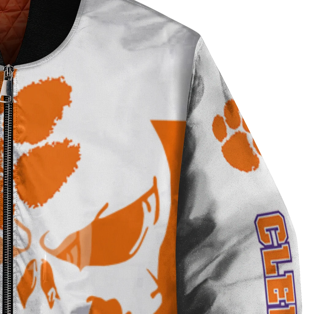 clemson tigers skull outline orange white bomber jacket premium grade clemson tigers skull outline orange white bomber jacket premium grade