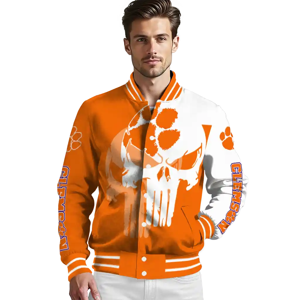 clemson tigers skull outline orange white varsity jacket high quality clemson tigers skull outline orange white varsity jacket high quality