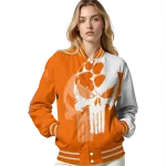 clemson tigers skull outline orange white varsity jacket best selling