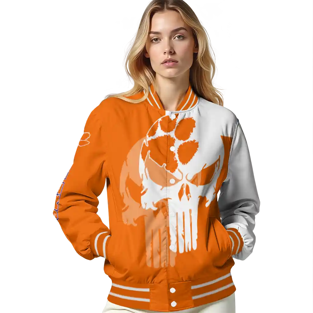 clemson tigers skull outline orange white varsity jacket latest model clemson tigers skull outline orange white varsity jacket latest model