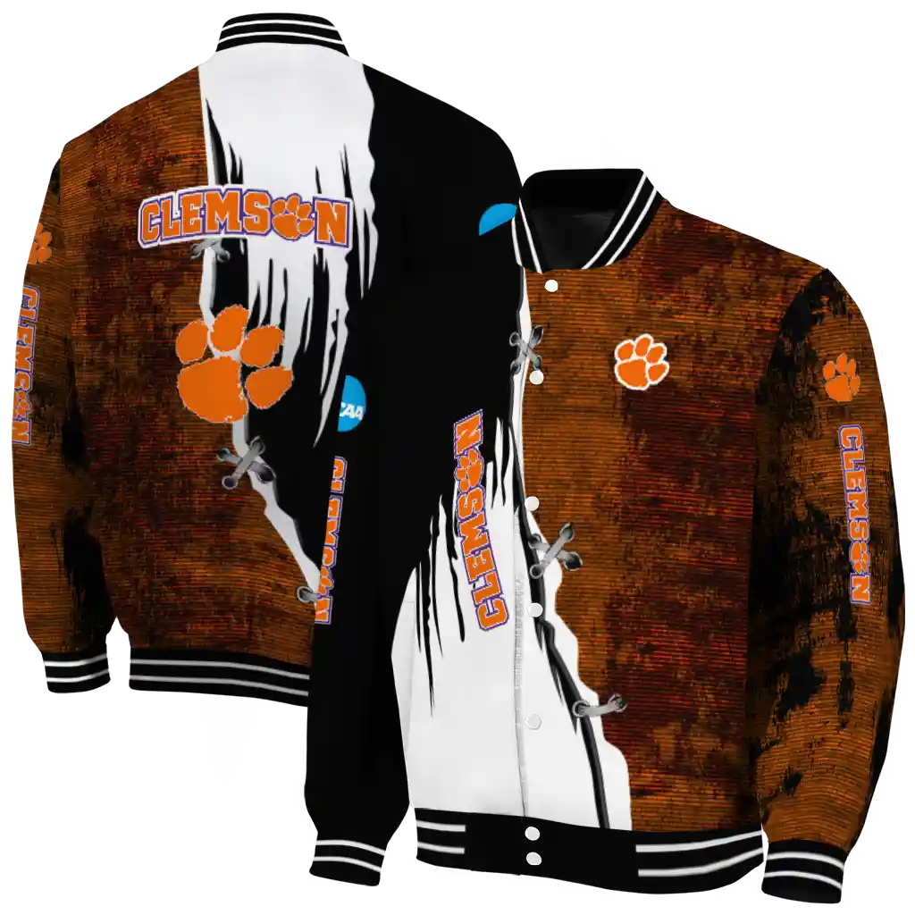 clemson tigers torn texture print orange black varsity jacket fashion forward clemson tigers torn texture print orange black varsity jacket fashion forward