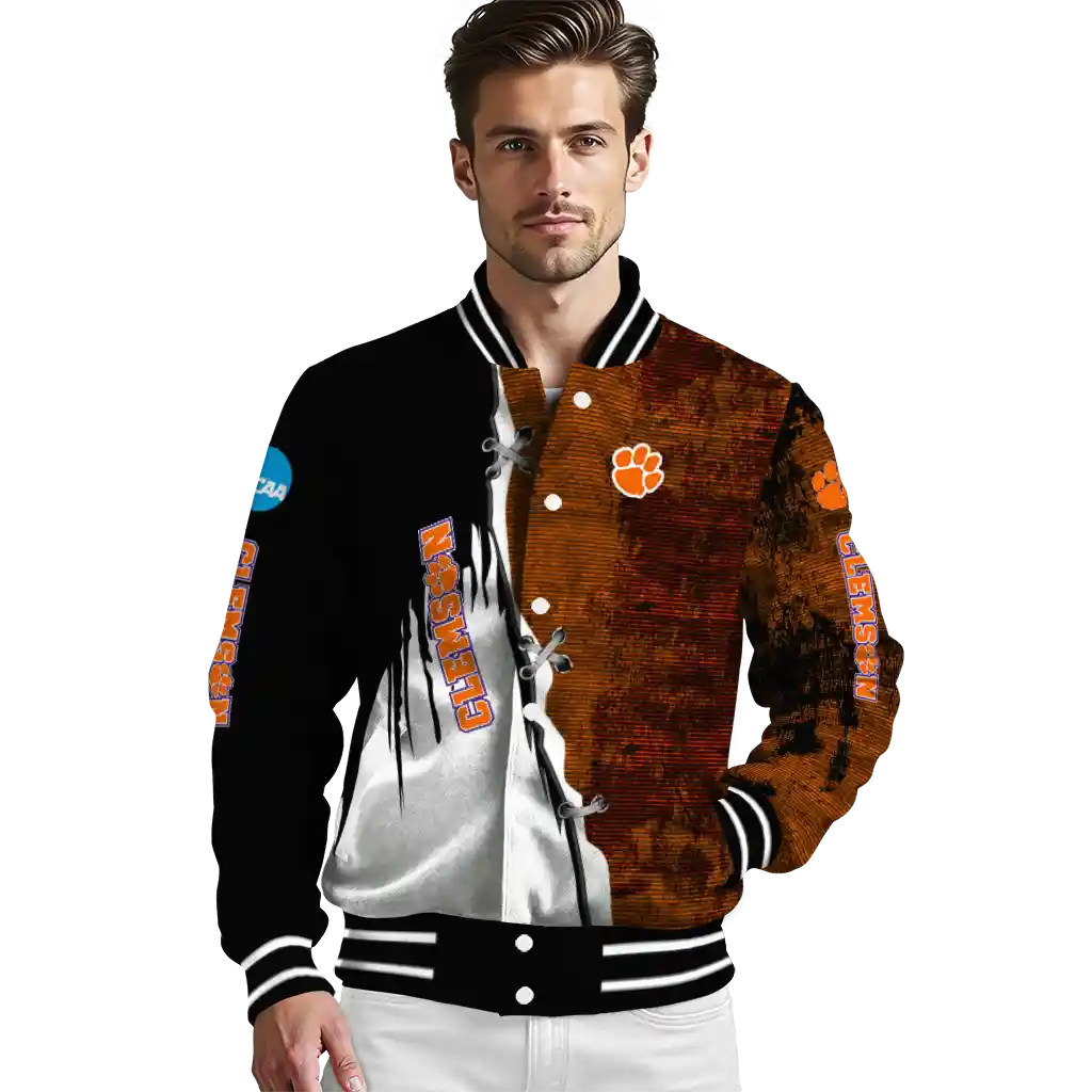 clemson tigers torn texture print orange black varsity jacket high quality clemson tigers torn texture print orange black varsity jacket high quality