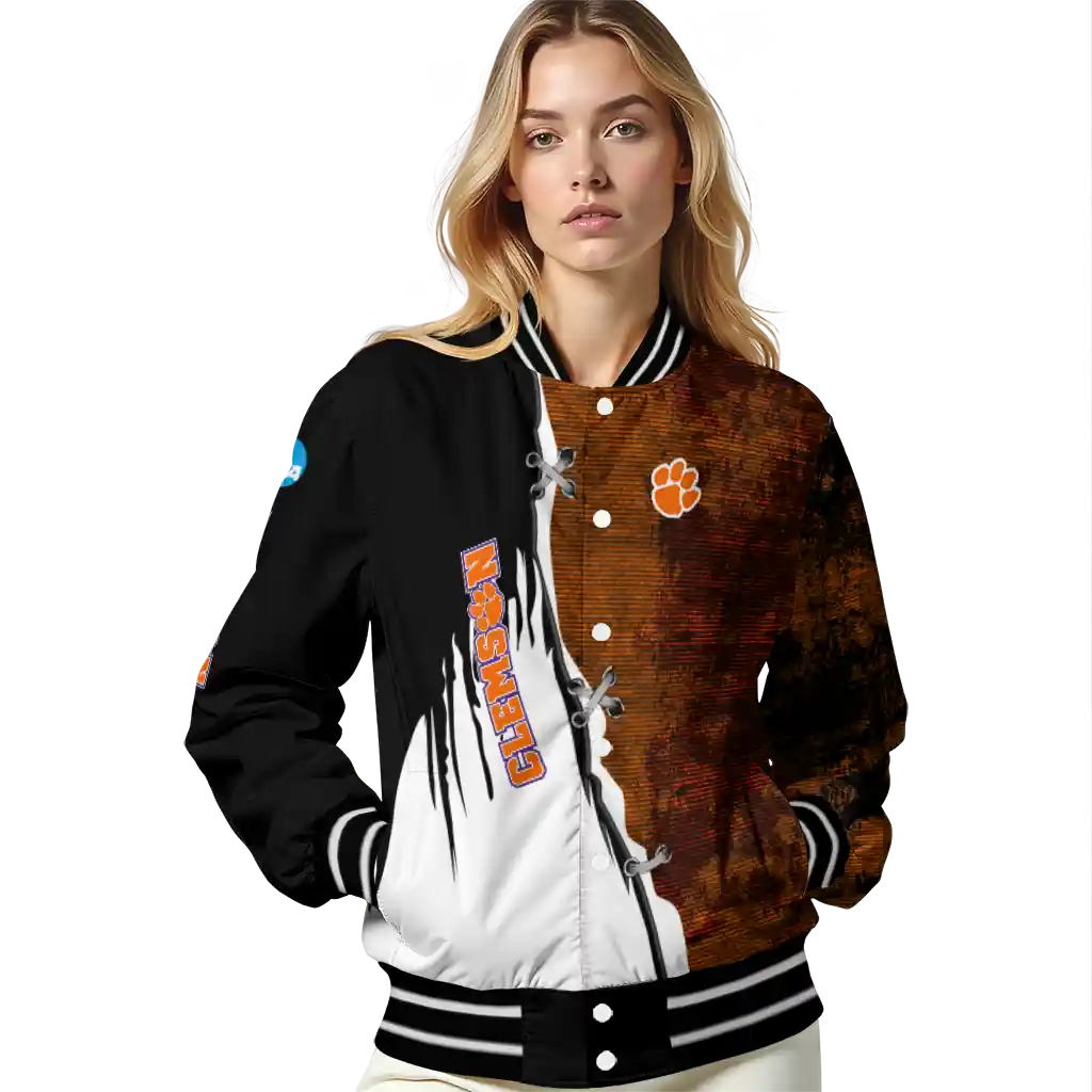 clemson tigers torn texture print orange black varsity jacket latest model clemson tigers torn texture print orange black varsity jacket latest model