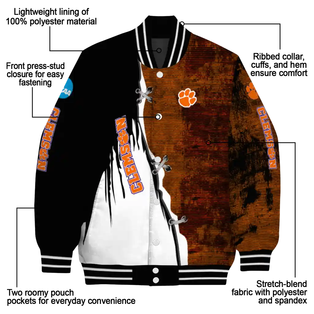 clemson tigers torn texture print orange black varsity jacket new arrival clemson tigers torn texture print orange black varsity jacket new arrival