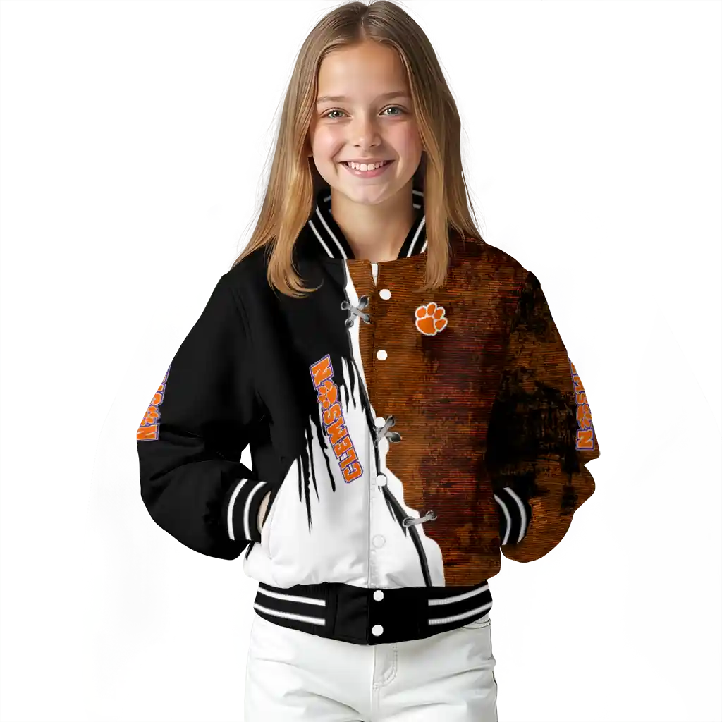 clemson tigers torn texture print orange black varsity jacket top rated clemson tigers torn texture print orange black varsity jacket top rated