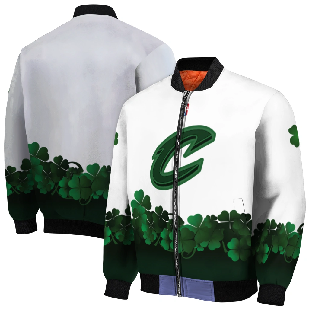 cleveland cavaliers clover pattern print white green bomber jacket best selling cleveland cavaliers clover pattern print white green bomber jacket best selling