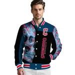 cleveland guardians fire skull navy blue black varsity jacket best selling