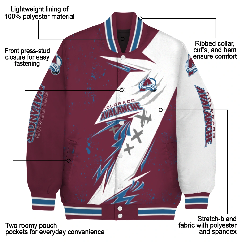 colorado avalanche ripped bolt burgundy white varsity jacket new arrival colorado avalanche ripped bolt burgundy white varsity jacket new arrival
