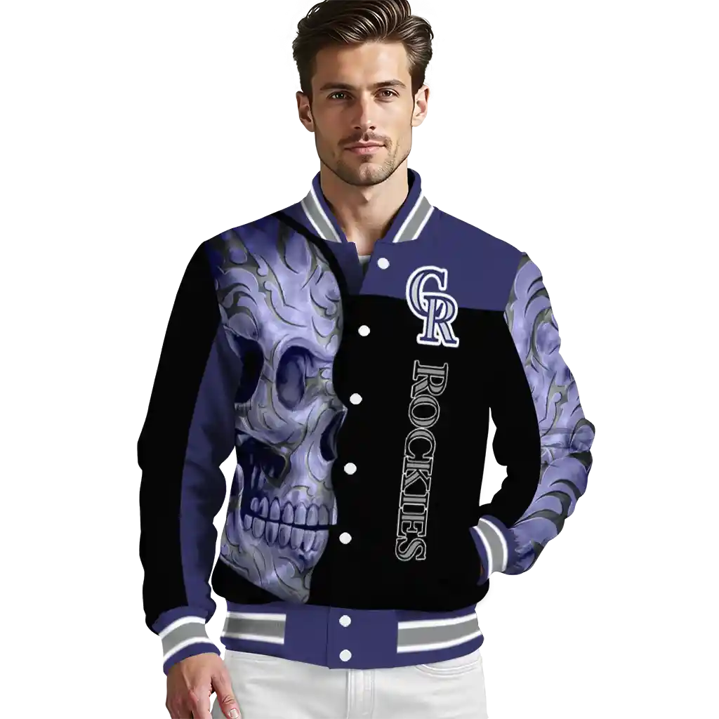 colorado rockies fire skull blue black varsity jacket high quality colorado rockies fire skull blue black varsity jacket high quality