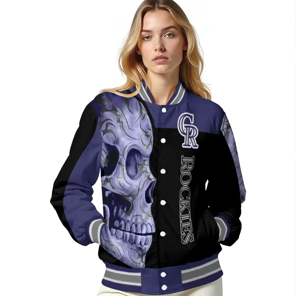 colorado rockies fire skull blue black varsity jacket latest model colorado rockies fire skull blue black varsity jacket latest model
