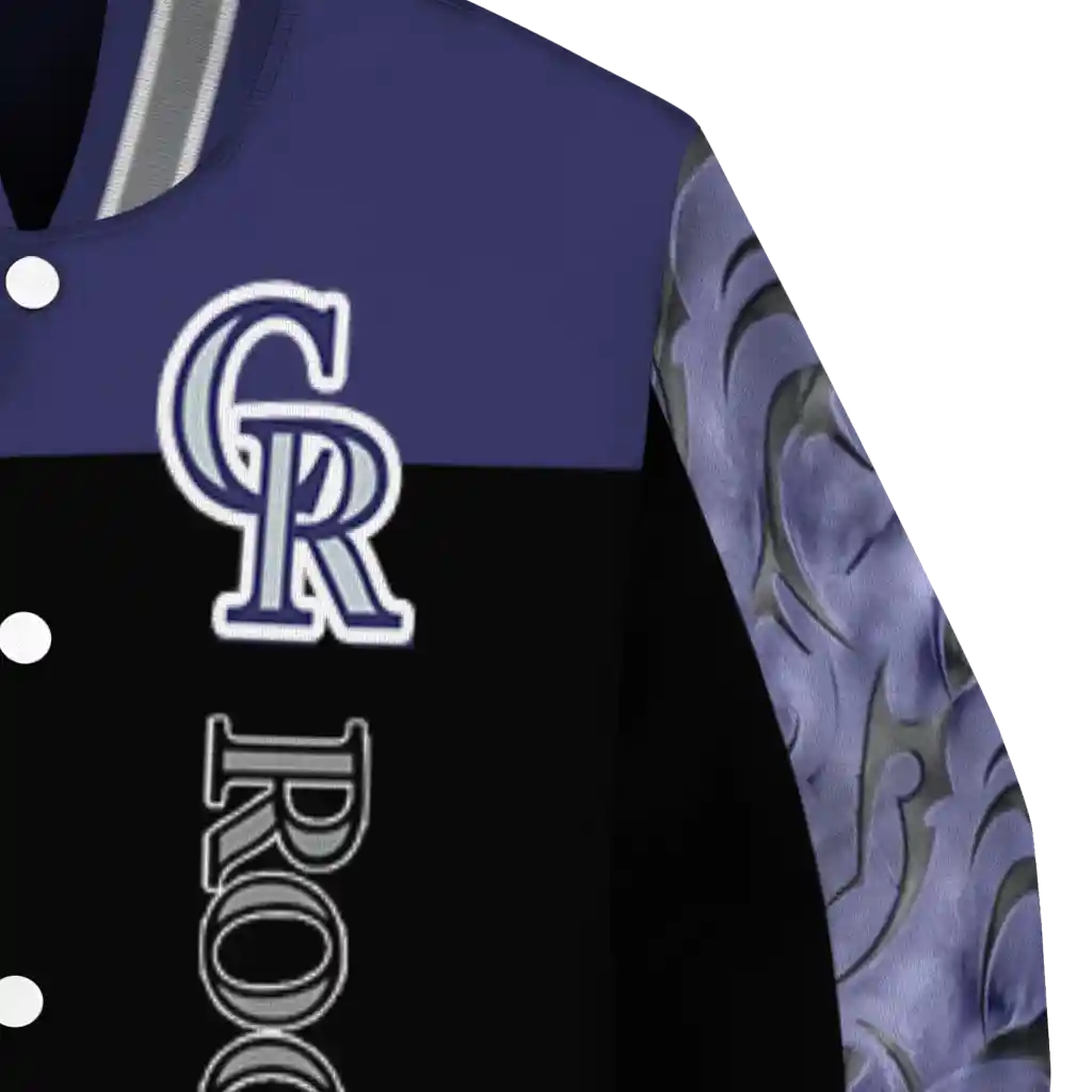 colorado rockies fire skull blue black varsity jacket premium grade colorado rockies fire skull blue black varsity jacket premium grade