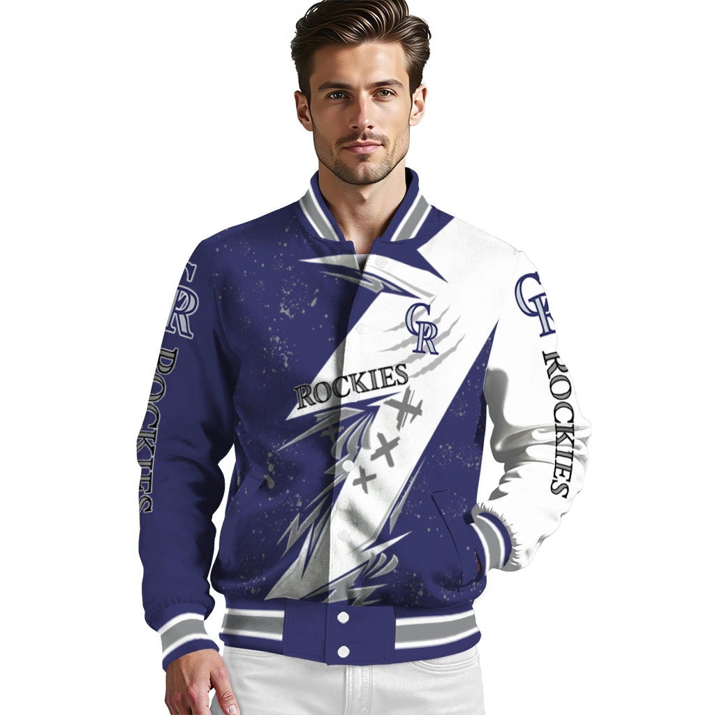 colorado rockies ripped bolt blue white varsity jacket high quality colorado rockies ripped bolt blue white varsity jacket high quality
