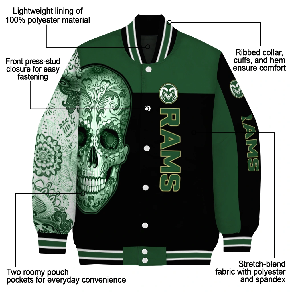 colorado state rams intricate skull green black varsity jacket new arrival colorado state rams intricate skull green black varsity jacket new arrival