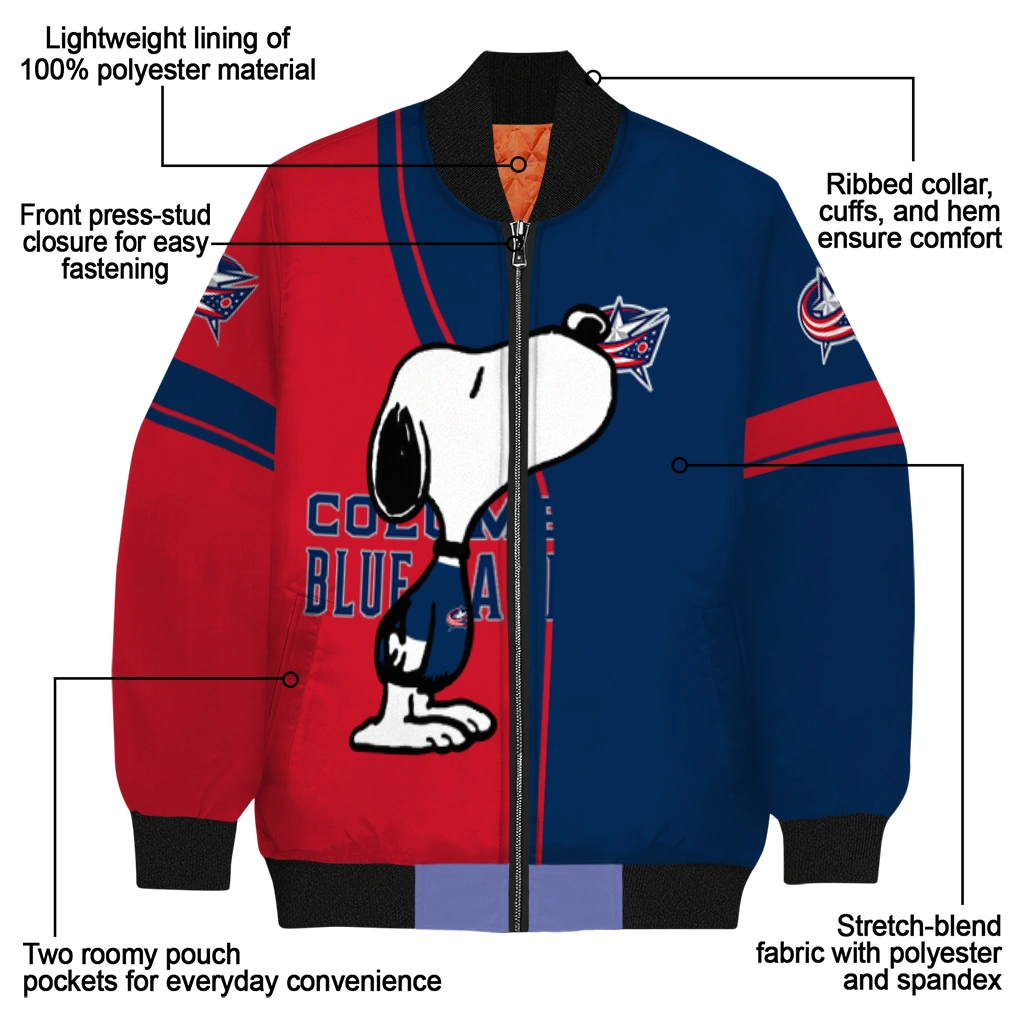 columbus blue jackets snoopy attitude navy blue bomber jacket new arrival columbus blue jackets snoopy attitude navy blue bomber jacket new arrival