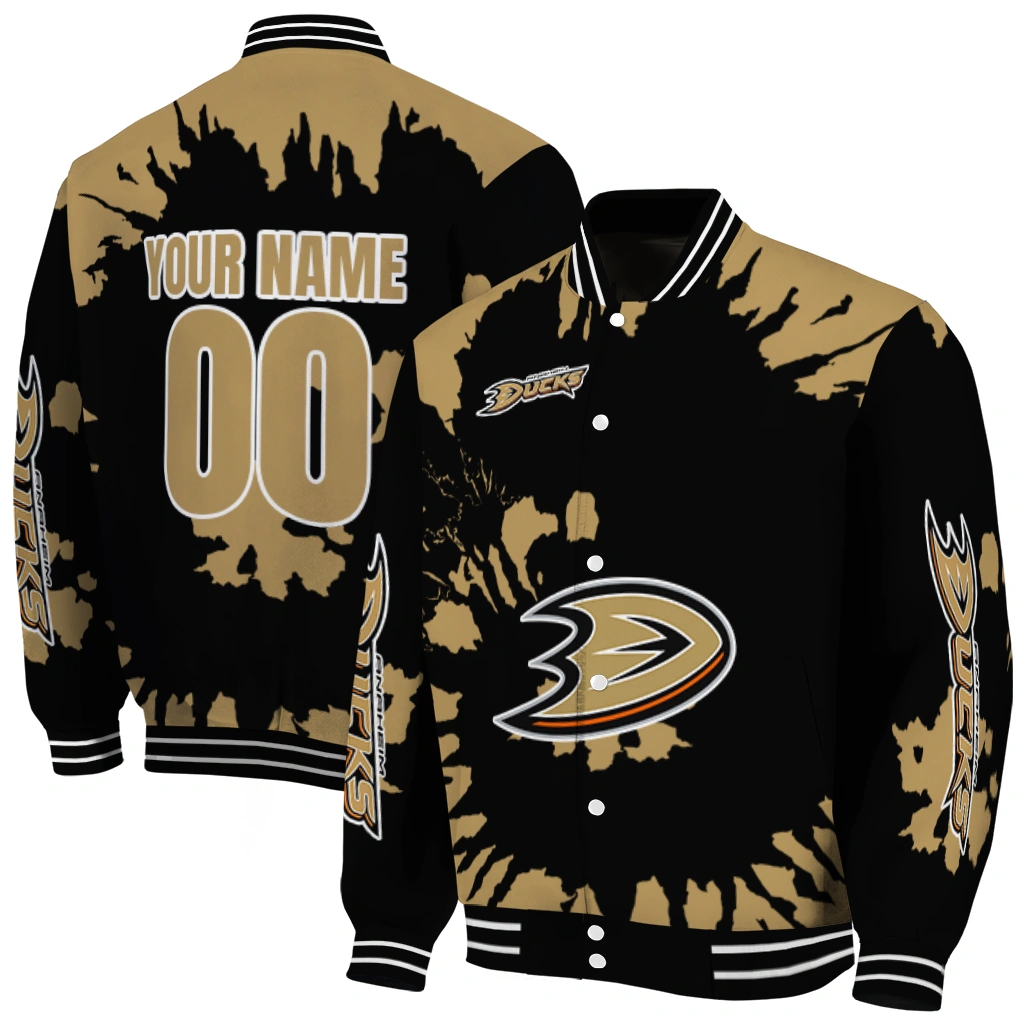 custom anaheim ducks burst splatter gold varsity jacket fashion forward custom anaheim ducks burst splatter gold varsity jacket fashion forward