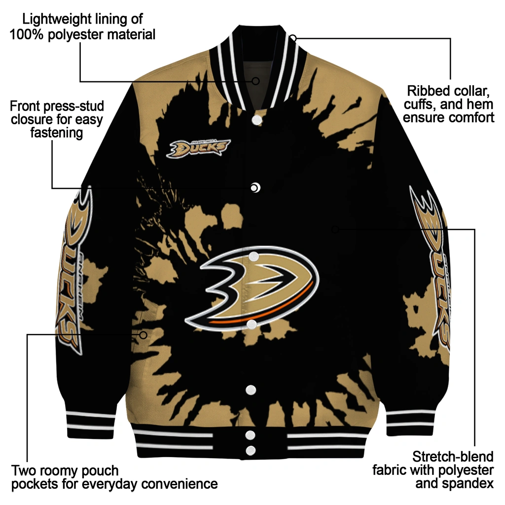 custom anaheim ducks burst splatter gold varsity jacket new arrival custom anaheim ducks burst splatter gold varsity jacket new arrival