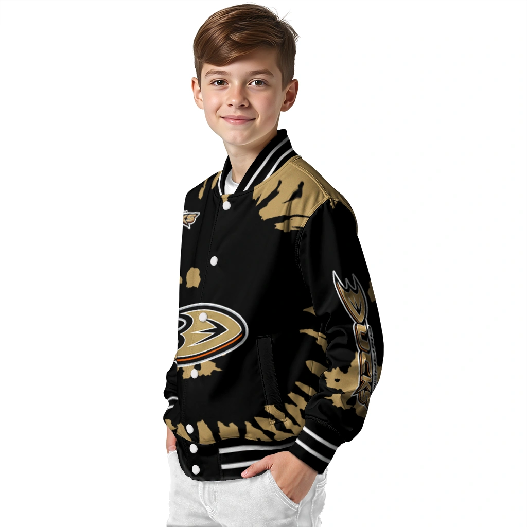 custom anaheim ducks burst splatter gold varsity jacket trendy custom anaheim ducks burst splatter gold varsity jacket trendy