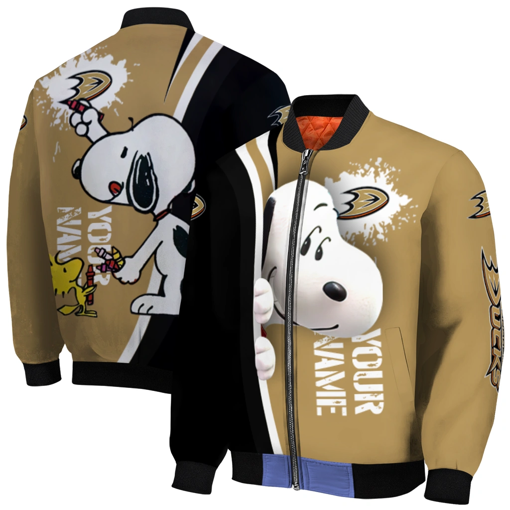 custom anaheim ducks snoopy head gold bomber jacket best selling custom anaheim ducks snoopy head gold bomber jacket best selling