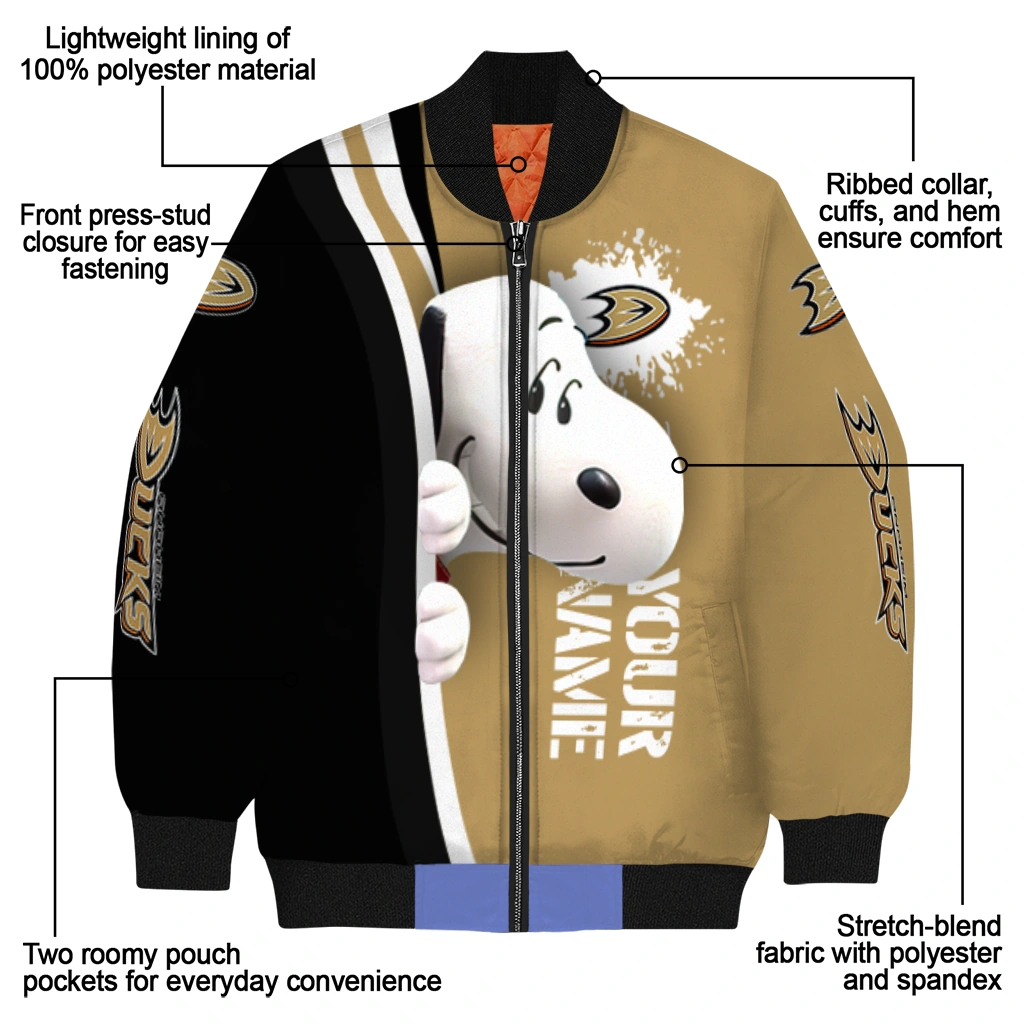 custom anaheim ducks snoopy head gold bomber jacket new arrival custom anaheim ducks snoopy head gold bomber jacket new arrival