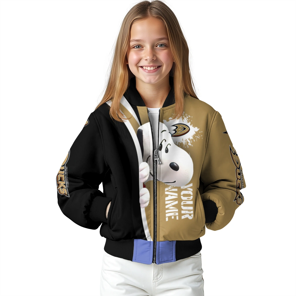 custom anaheim ducks snoopy head gold bomber jacket top rated custom anaheim ducks snoopy head gold bomber jacket top rated