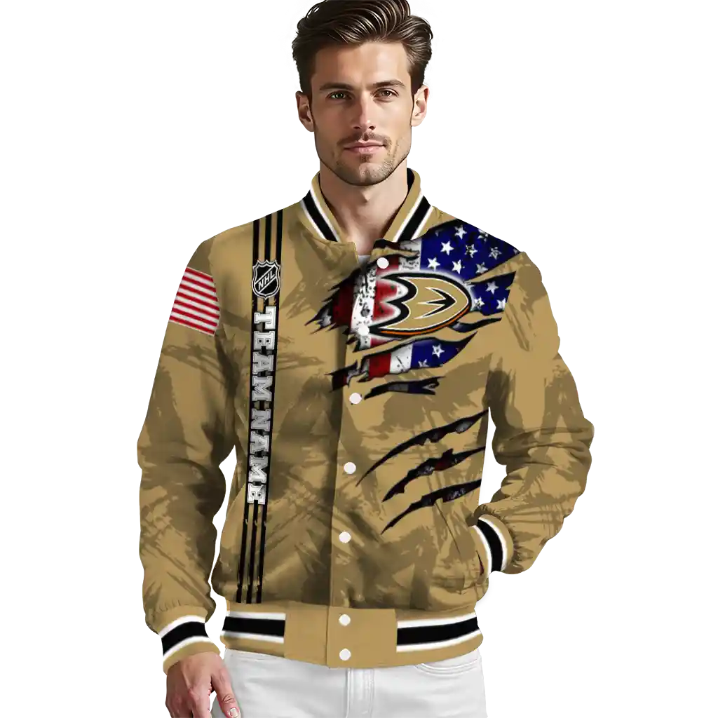 custom anaheim ducks usa flag rips gold varsity jacket high quality custom anaheim ducks usa flag rips gold varsity jacket high quality