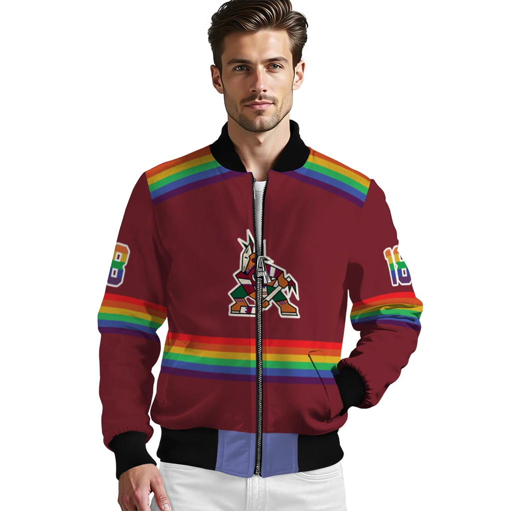 custom arizona coyotes rainbow jersey number red bomber jacket high quality custom arizona coyotes rainbow jersey number red bomber jacket high quality