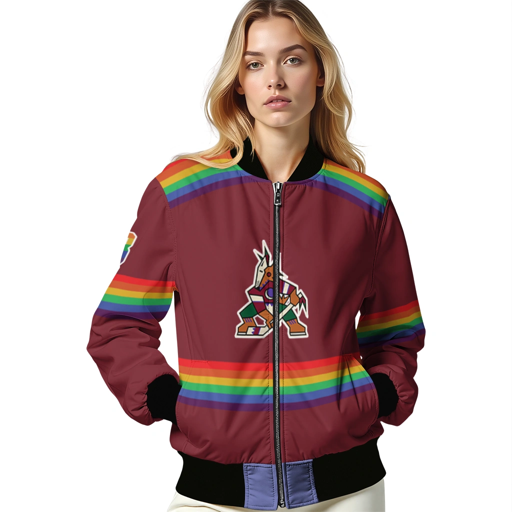 custom arizona coyotes rainbow jersey number red bomber jacket latest model custom arizona coyotes rainbow jersey number red bomber jacket latest model
