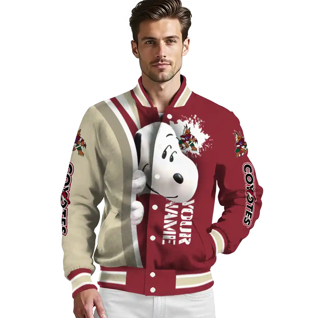 custom arizona coyotes snoopy head red varsity jacket high quality custom arizona coyotes snoopy head red varsity jacket high quality
