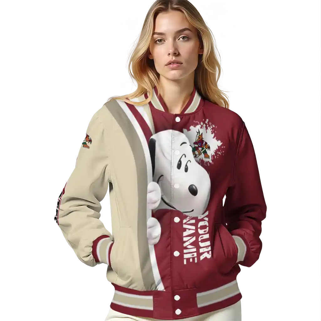 custom arizona coyotes snoopy head red varsity jacket latest model custom arizona coyotes snoopy head red varsity jacket latest model
