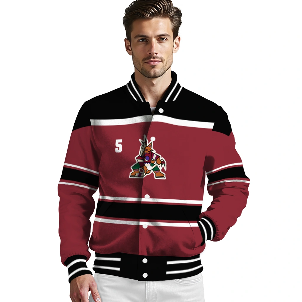 custom arizona coyotes stripe statement red black varsity jacket high quality custom arizona coyotes stripe statement red black varsity jacket high quality