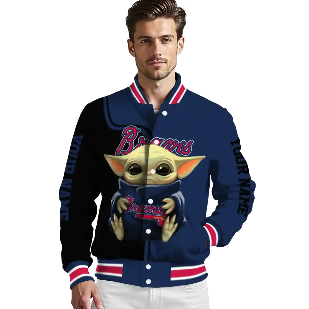 custom atlanta braves adorable yoda navy black varsity jacket high quality custom atlanta braves adorable yoda navy black varsity jacket high quality
