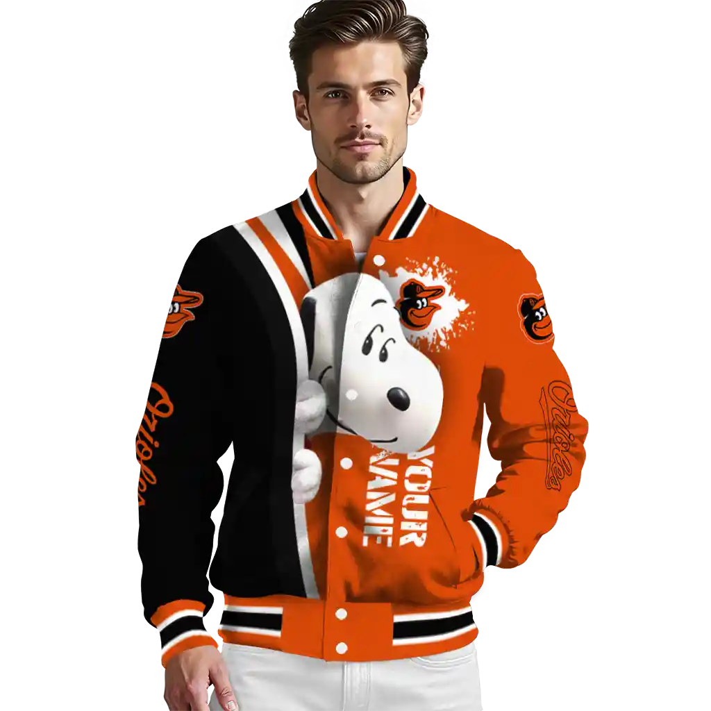 custom baltimore orioles snoopy head orange varsity jacket high quality custom baltimore orioles snoopy head orange varsity jacket high quality