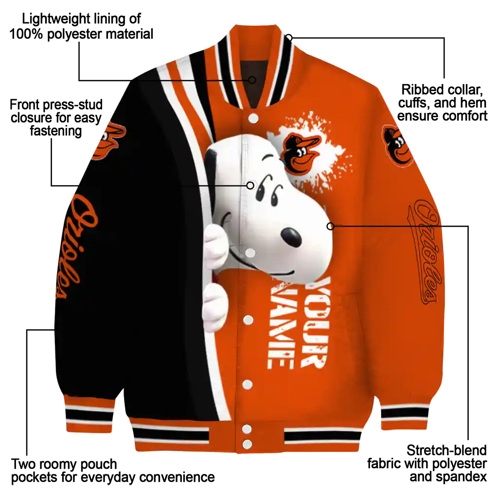 custom baltimore orioles snoopy head orange varsity jacket new arrival custom baltimore orioles snoopy head orange varsity jacket new arrival