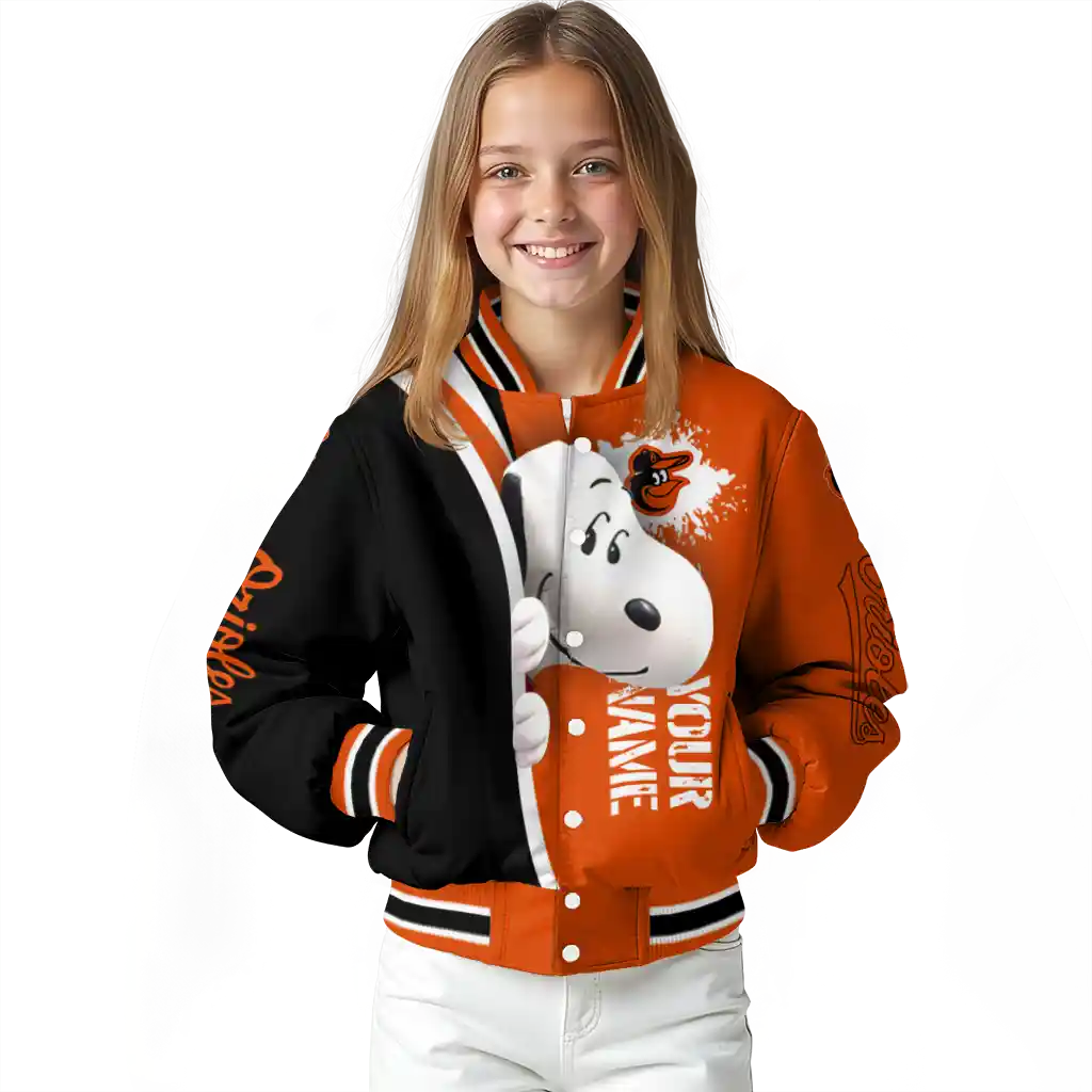 custom baltimore orioles snoopy head orange varsity jacket top rated custom baltimore orioles snoopy head orange varsity jacket top rated