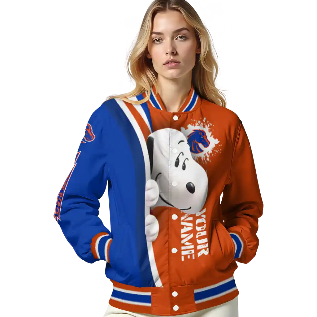 custom boise state broncos snoopy head orange varsity jacket latest model custom boise state broncos snoopy head orange varsity jacket latest model