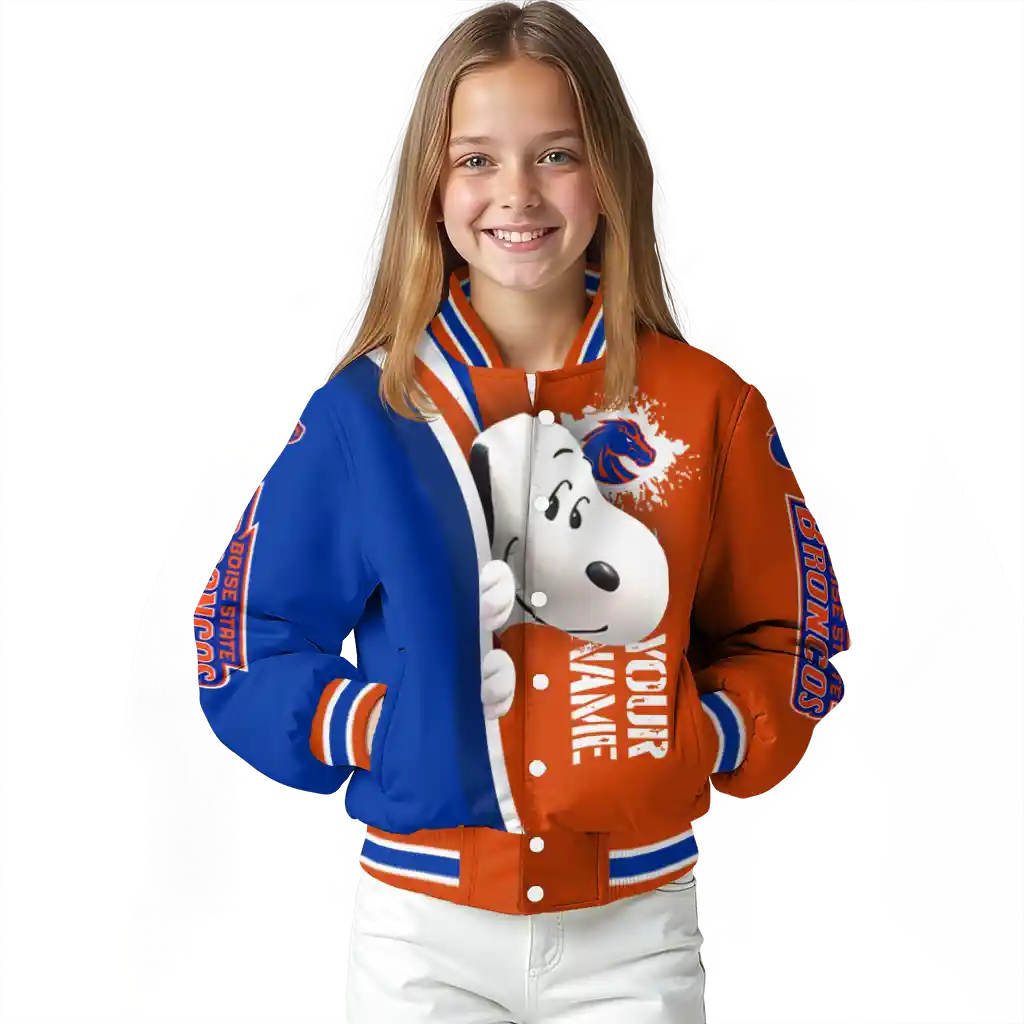 custom boise state broncos snoopy head orange varsity jacket top rated custom boise state broncos snoopy head orange varsity jacket top rated