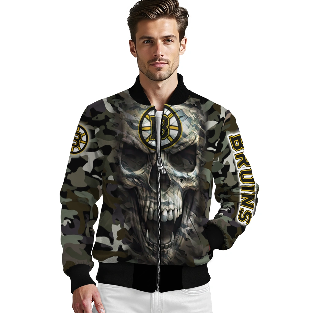 custom boston bruins camouflage skull camouflage bomber jacket high quality custom boston bruins camouflage skull camouflage bomber jacket high quality
