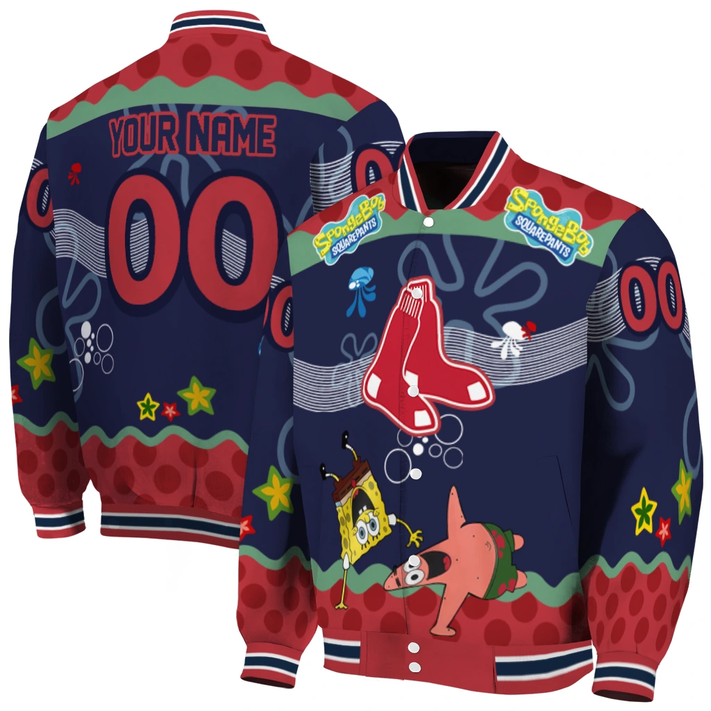 custom boston red sox spongebob playtime red blue varsity jacket fashion forward custom boston red sox spongebob playtime red blue varsity jacket fashion forward