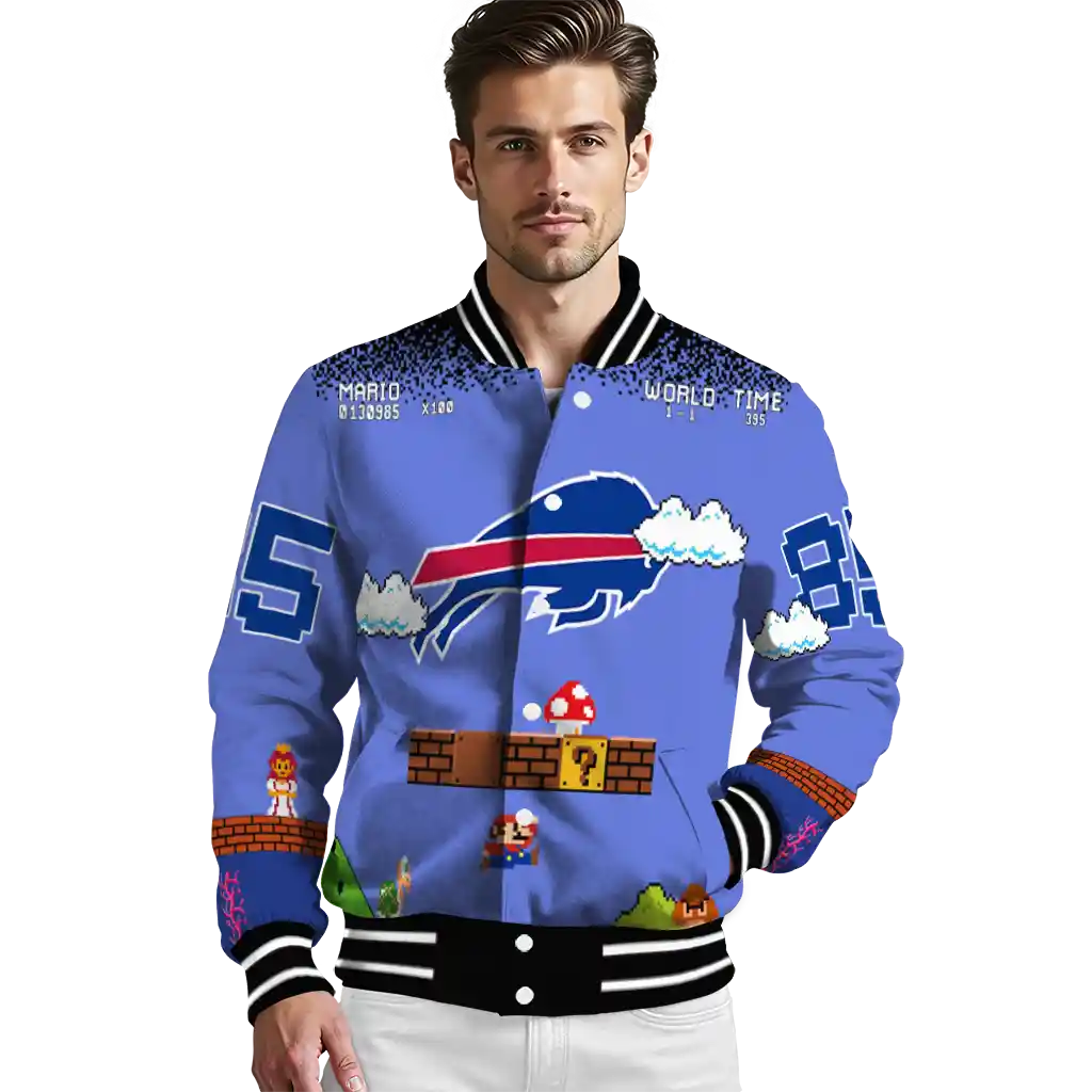 custom buffalo bills mario blocks blue black varsity jacket high quality custom buffalo bills mario blocks blue black varsity jacket high quality