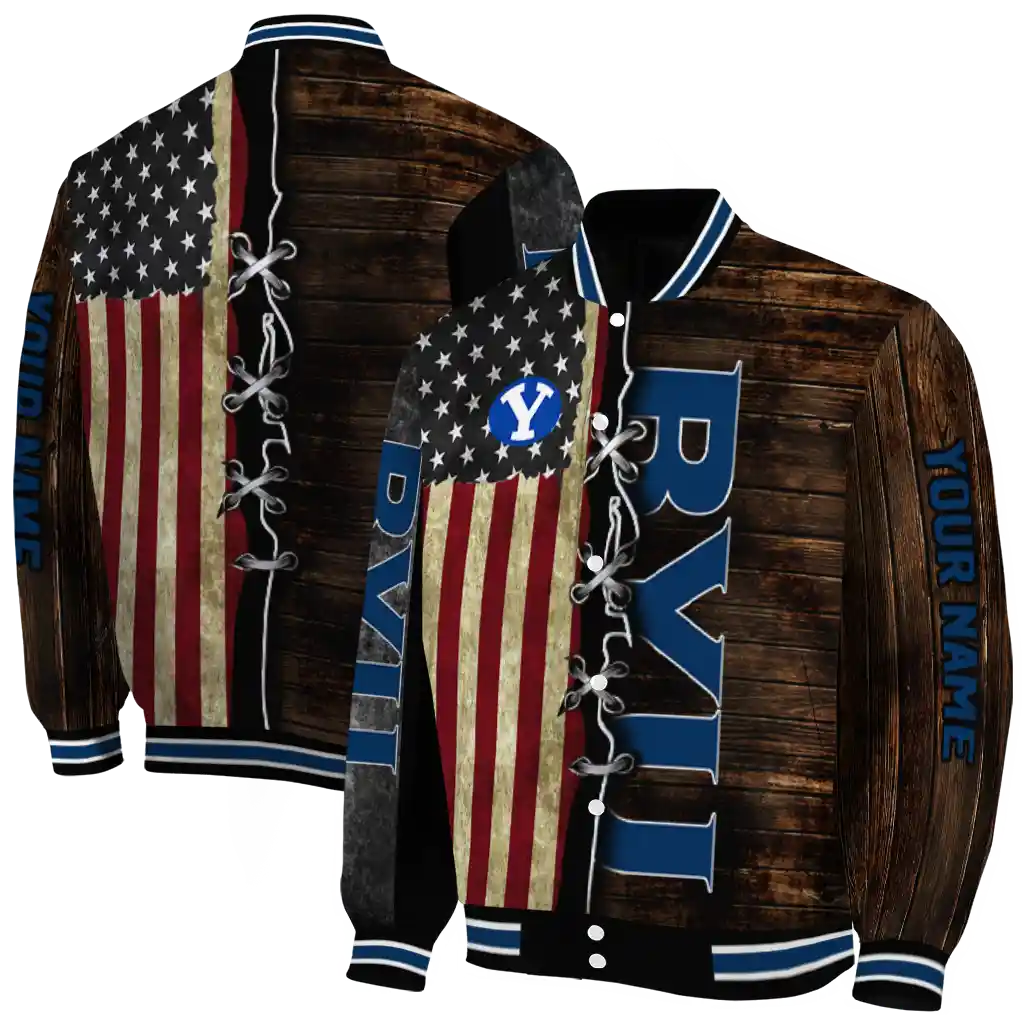 custom byu cougars flag wood brown varsity jacket fashion forward custom byu cougars flag wood brown varsity jacket fashion forward