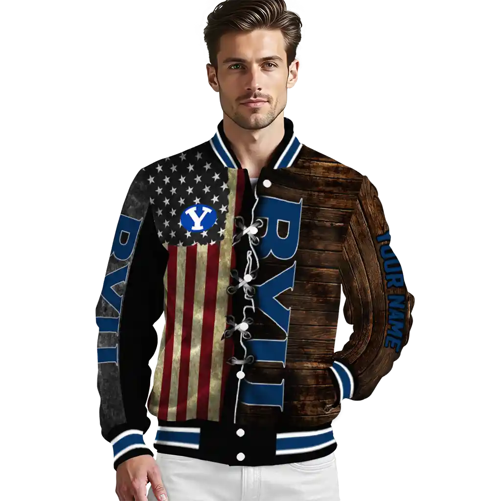 custom byu cougars flag wood brown varsity jacket high quality custom byu cougars flag wood brown varsity jacket high quality