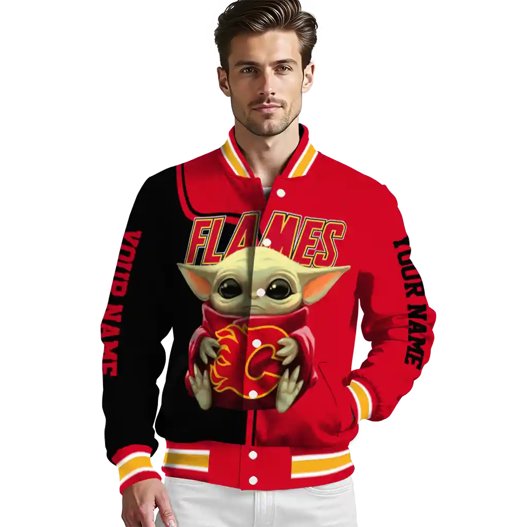 custom calgary flames adorable yoda red black varsity jacket high quality custom calgary flames adorable yoda red black varsity jacket high quality