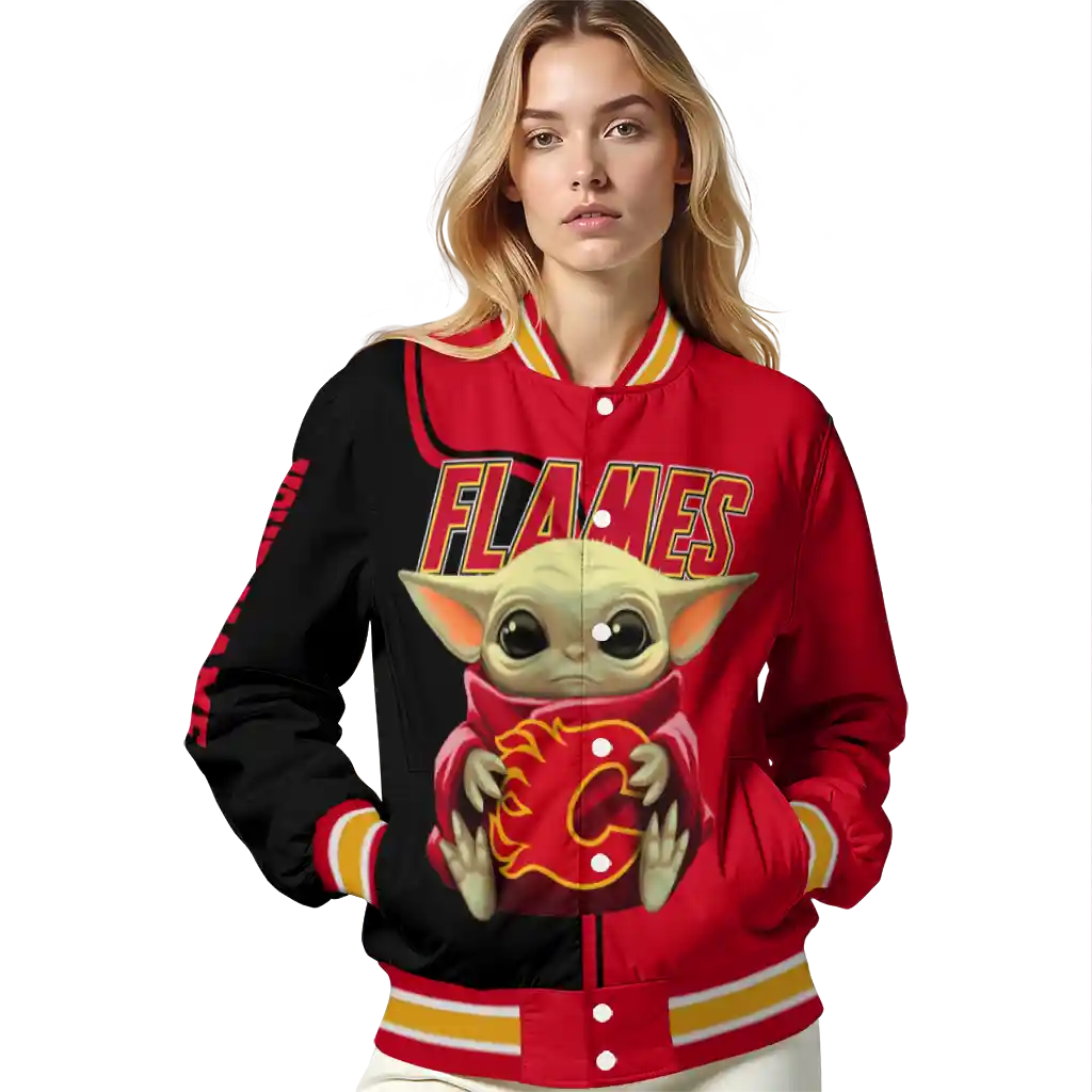 custom calgary flames adorable yoda red black varsity jacket latest model custom calgary flames adorable yoda red black varsity jacket latest model
