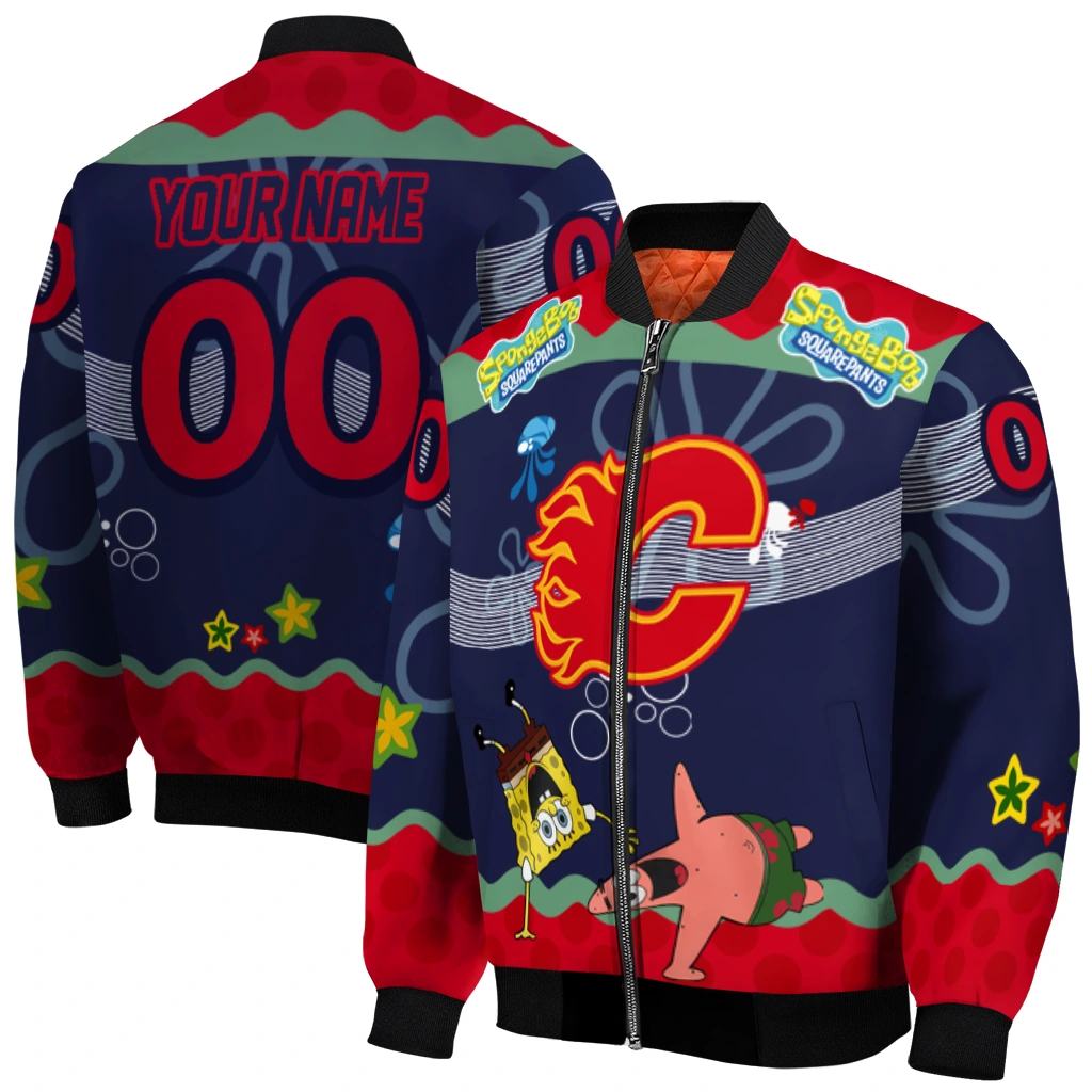 custom calgary flames spongebob playtime red blue bomber jacket best selling custom calgary flames spongebob playtime red blue bomber jacket best selling
