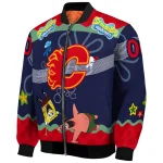 custom calgary flames spongebob playtime red blue bomber jacket best selling