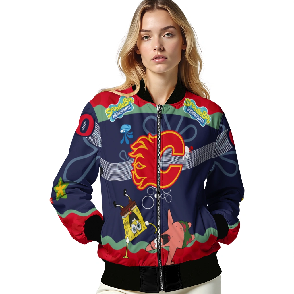 custom calgary flames spongebob playtime red blue bomber jacket latest model custom calgary flames spongebob playtime red blue bomber jacket latest model