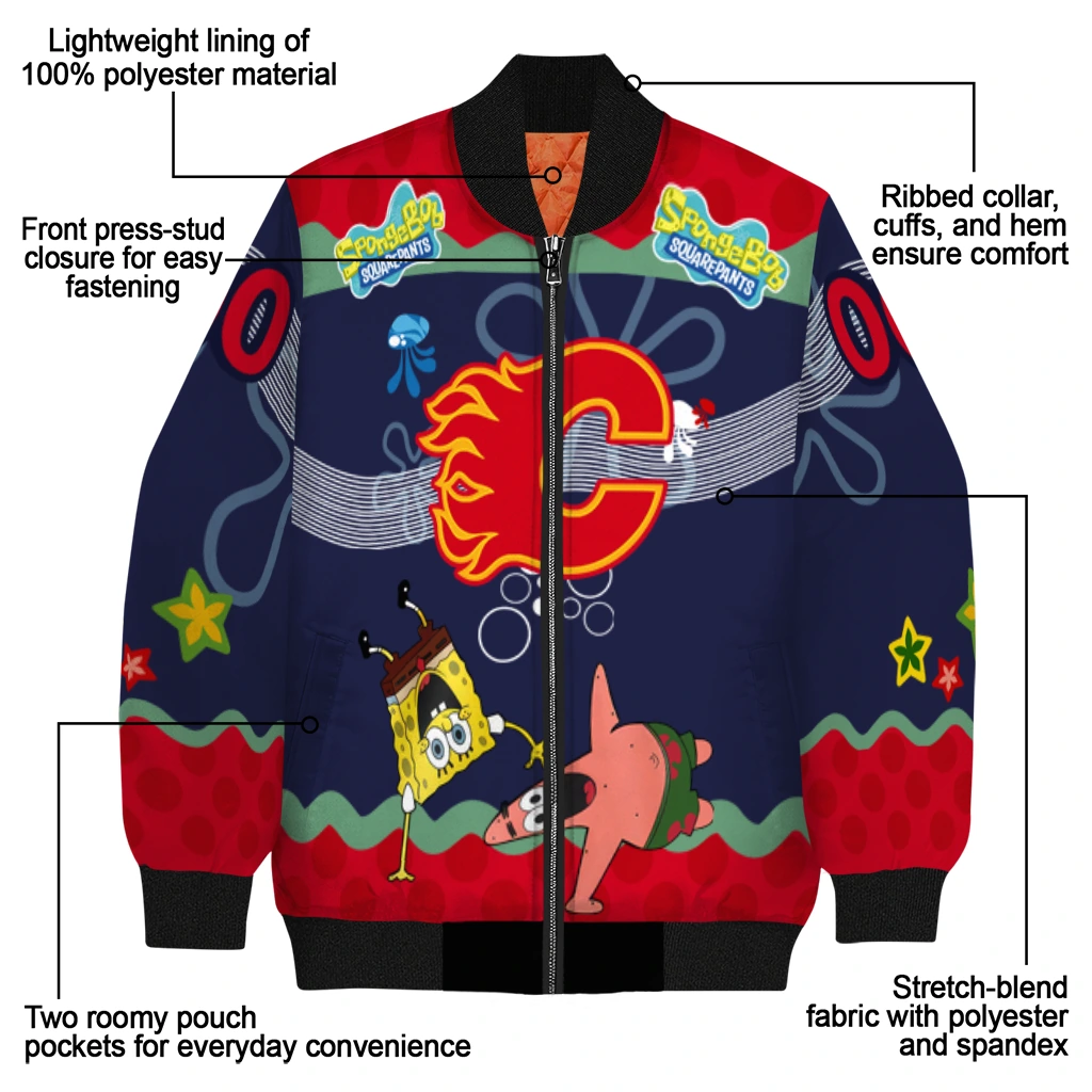 custom calgary flames spongebob playtime red blue bomber jacket new arrival custom calgary flames spongebob playtime red blue bomber jacket new arrival