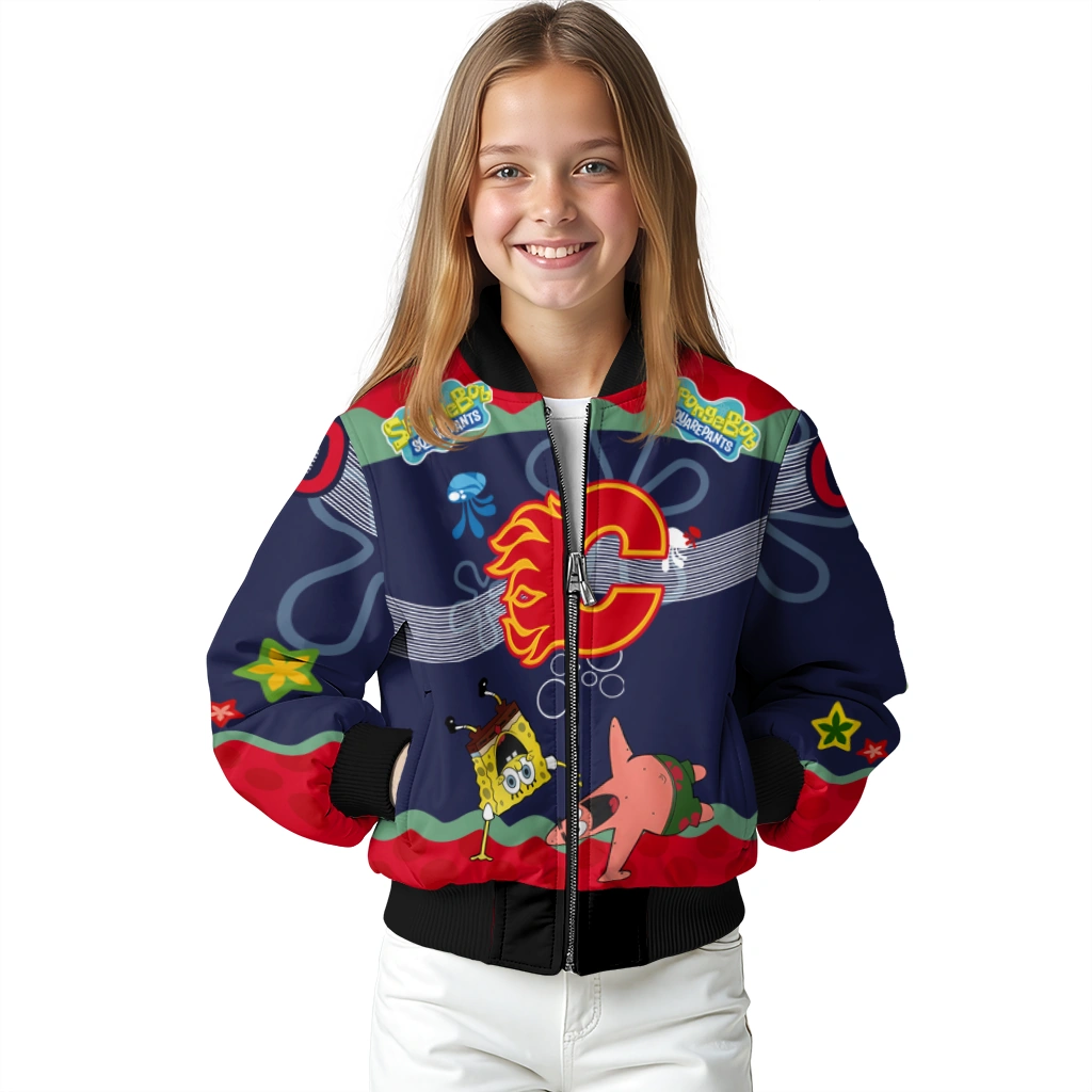custom calgary flames spongebob playtime red blue bomber jacket top rated custom calgary flames spongebob playtime red blue bomber jacket top rated